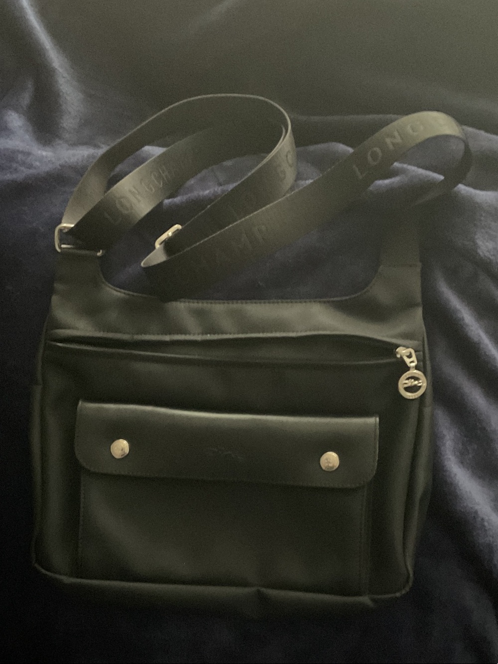 Longchamp Black Nylon Messenger Bag with Branded Strap